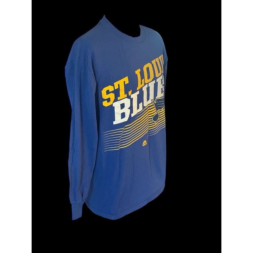 St Louis Blues Shirt Mens Medium Blue Yellow Long Sleeve Majestic NHL Hockey - Picture 3 of 8